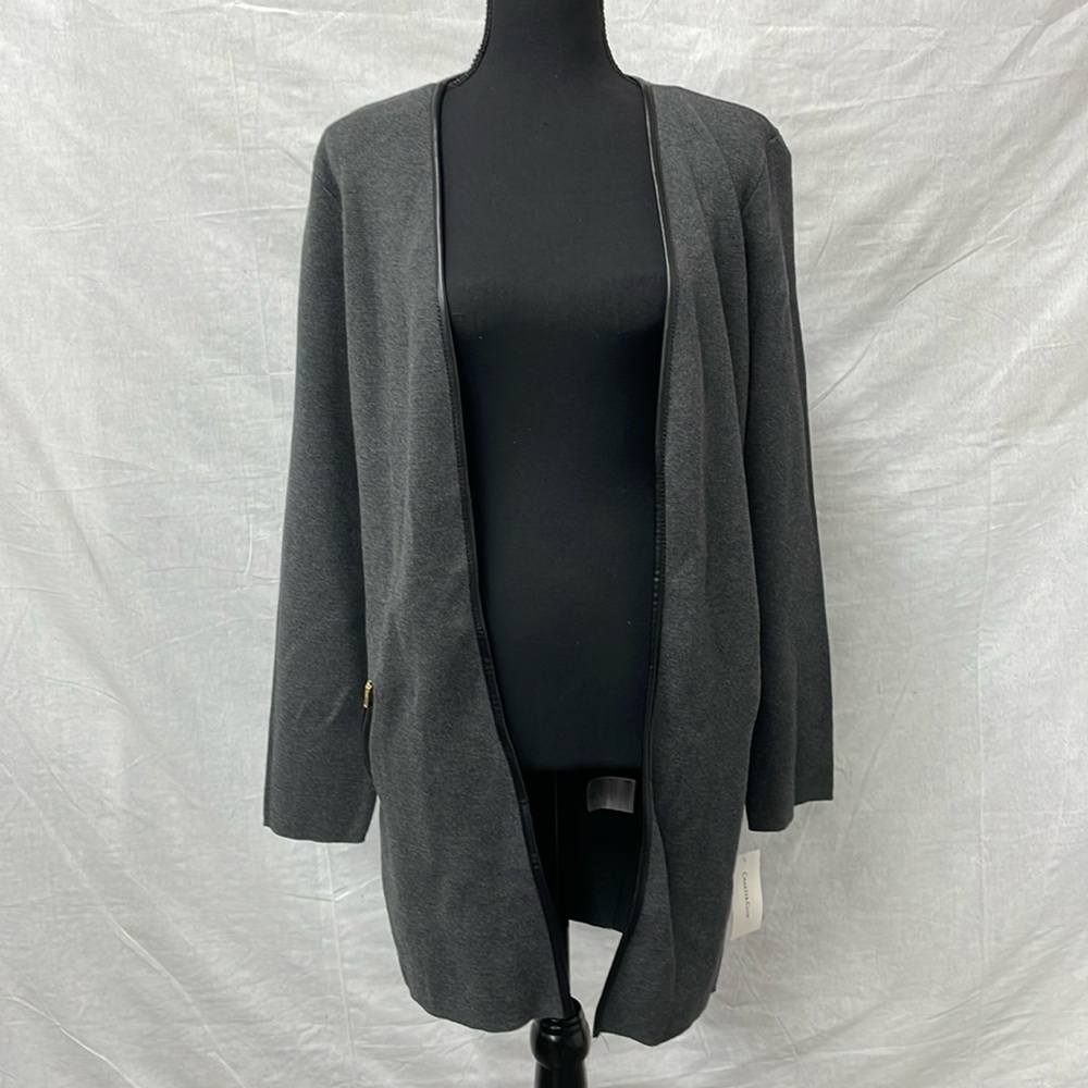 Charter Club cotton long cardigan jacket in gray w/ black piping, size Large NWT